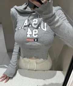 試着のみ⭐︎U.S.A. 94 フード付きクロップドトップス グレー