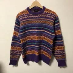 フェアアイル　ニット　セーター　ウール　毛　古着　パープル　紫　M