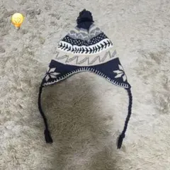 幾何学模様 ニット帽 耳あて付き