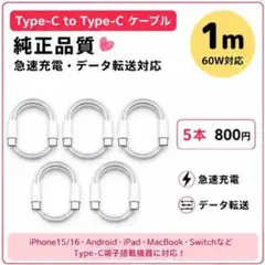 純正品質 Type-C ケーブル 1m 60W対応 iPhone15 16