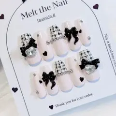 【サイズオーダー可】ネイルチップ フレンチガーリー スナ系 ツイード 黒 リボン