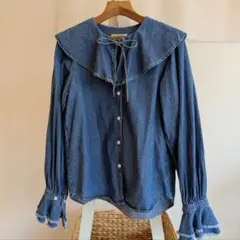 【FREAK’S STORE】デニム フリル襟 長袖ブラウス シャツ