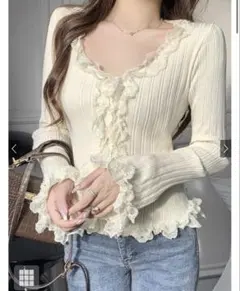 レースフリルリブニットカーディガン[ks219] GRL