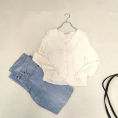 【ZARA/ザラ】レースカラーVネック長袖ブラウス☆シャツ『S』白系　しわ加工
