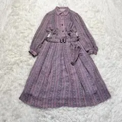 ワンピース レトロ ロング丈 花柄 金ボタン ベルト ボウタイ ピンク