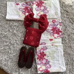 のんびり様専用 花柄浴衣・赤帯・リボン・下駄セット