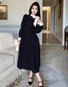 リボン　ワンピース　白　アイボリー　黒　ブラック　ネック　上品