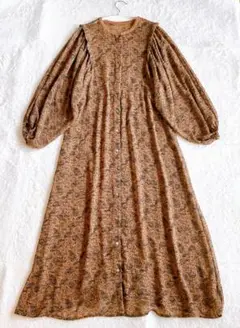 スローブイエナ　ペイズリー柄シアー長袖ロングワンピース　ボリューム袖キャメル　F