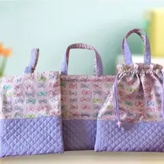 レッスンバッグ、シューズバッグ 、体操服入れ3点　蝶々リボン柄　ラベンダーピンク