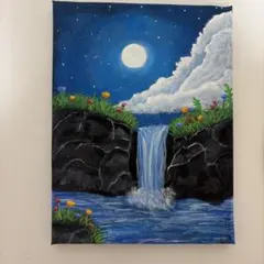 アクリル画 夜の滝と満月 キャンバスアート 風景画のサムネイル