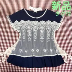 新品　axes femme アクシーズ　ネイビー半袖 レース刺繍　半袖チュニックのサムネイル