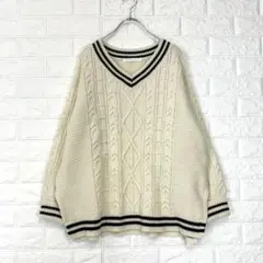 ☆アメリカンホリック【M】ベージュ系 黒ケーブル編み Vネック 長袖ニット 秋冬