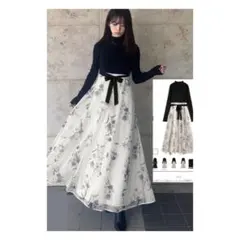 リボンベルト付きニットドッキング花柄ワンピース［dr821］