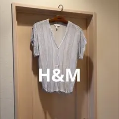 H&M ストライプ柄 半袖ブラウス Vネック ホワイト×ブルー サイズ34のサムネイル