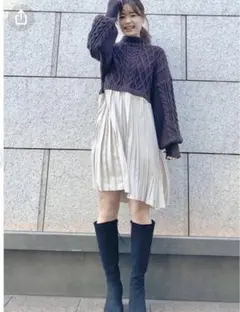 プリーツドッキングケーブルニットミニワンピース