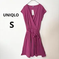 新品 UNIQLO S ピンク ドレープ 半袖 カシュクールワンピース