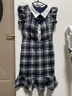 明日花キララ着用チェックホールレースラインフリル袖 マーメイドミニドレス