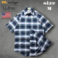 美品 希少 90s USA製 L.L.Bean チェック 半袖シャツ ネイビー