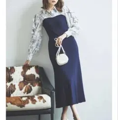 ダズリン　オープンフリルリブワンピース ドッキングワンピ　花柄　ロングワンピ　紺