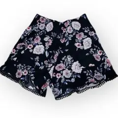 【L】花柄　レーヨン　キュロット ショートパンツ　可愛い　デート　ウエストゴム
