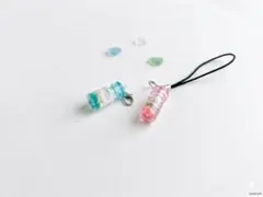 海を感じる 小瓶チャーム＆ストラップ ハンドメイド 貝殻入り2点セット
