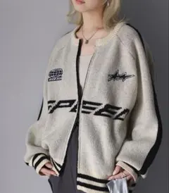 JAVA スピード ロゴ刺繍 ニットカーディガン ベージュ ダブルジッパー