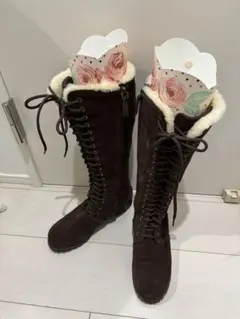 ロングブーツ　レースアップブーツダーク　ブラウン スエード