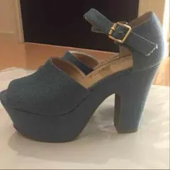 デニム パンプス ヒール 調節ベルト付き