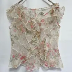 フリルキャミソール 【S】花柄(アイボリー/ピンク/黄色/緑) 重ね着 シアー