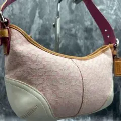 【美品】コーチ アクセサリーポーチ ショルダーバッグ ピンク シグネチャー