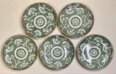 古伊万里 染付 銀杏文 印判皿 豆皿 小皿 アンティーク 明治期 5客 緑 唐草