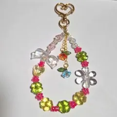 カラフルビーズ花リボンストラップ