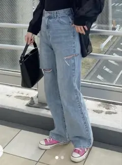 ダメージジーンズ ワイドデニムパンツ ライトブルー　ロング丈のサムネイル