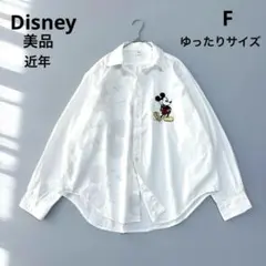 ■ 상태좋음 近年モデルディズニーミッキー刺繍白地×淡色プリントオーバーサイズ長袖シャツ