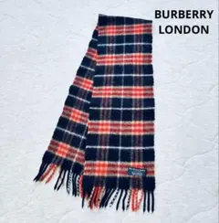 【美品】バーバリー ロンドン ラムウール マフラー ミニマフラー ネイビー