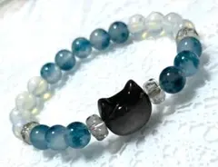 No1021　白ねこ　ホワイトオパール　青めのう　パワーストーンブレスレット