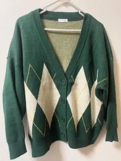 カーディガン アーガイル ニット グリーン L ホワイト イエロー