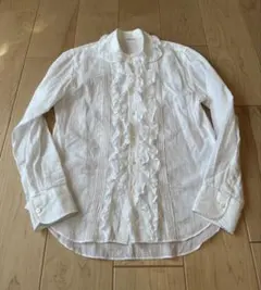 美品【45R】インドカディde Tシャツ レース フリル ブラウス ホワイト L 45Rインドカディのタックレースブラウス: WOMEN｜45R