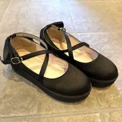 黒いリボン付きフォーマルシューズ　21 厚底　発表会　パーティー