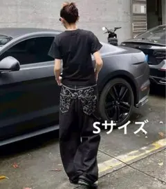 ワイドデニムパンツ　バギーデニム　黒　ブラック　刺繍　ユニセックス　S
