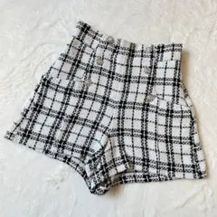 グレイル ツイード ショートパンツ ビジューボタン チェック S 白黒 ポケット