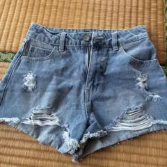 ダメージ加工 デニムショートパンツ ブルー