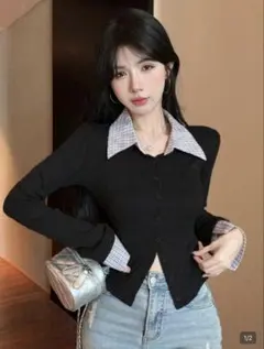 SHEIN スリムフィットショートポロカラー 長袖 ブラックのサムネイル