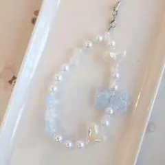 【No.121】ビーズストラップ 青 水色系 オーロラハート きらきら星 リボン