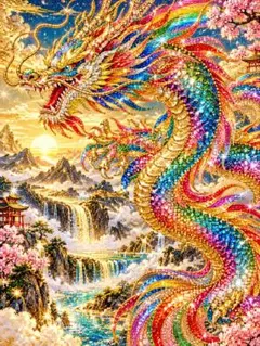 オリジナルデジタルアートプリント 虹色龍 桜 滝 幻想的