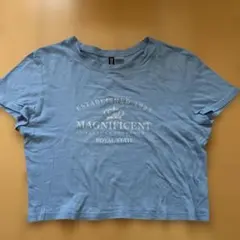 H&M 水色 プリントTシャツ M ショート丈