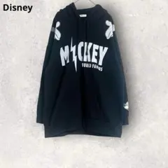 ディズニー　ミッキー　フード付きパーカー　ブラック　綿混　LL ゆったり　裏起毛