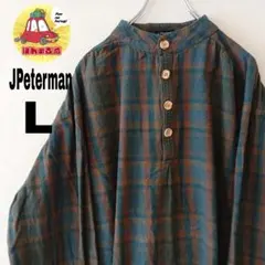 USA古着 JPeterman ノーカラーネルシャツ　L ブルーグリーンチェック