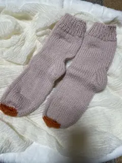 ウール100%！あったか手編み靴下 ピンク×オレンジ