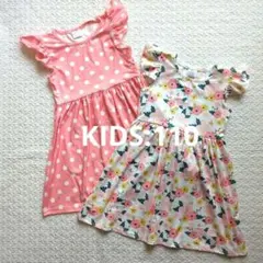 【未使用】キッズ 女の子 水玉模様 花柄 半袖 ワンピース 4-5Y　110